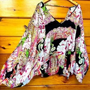 100% Silk bebe Ballon Sleeve V-Neck Colorful Patterned Light Weight  Blouse M